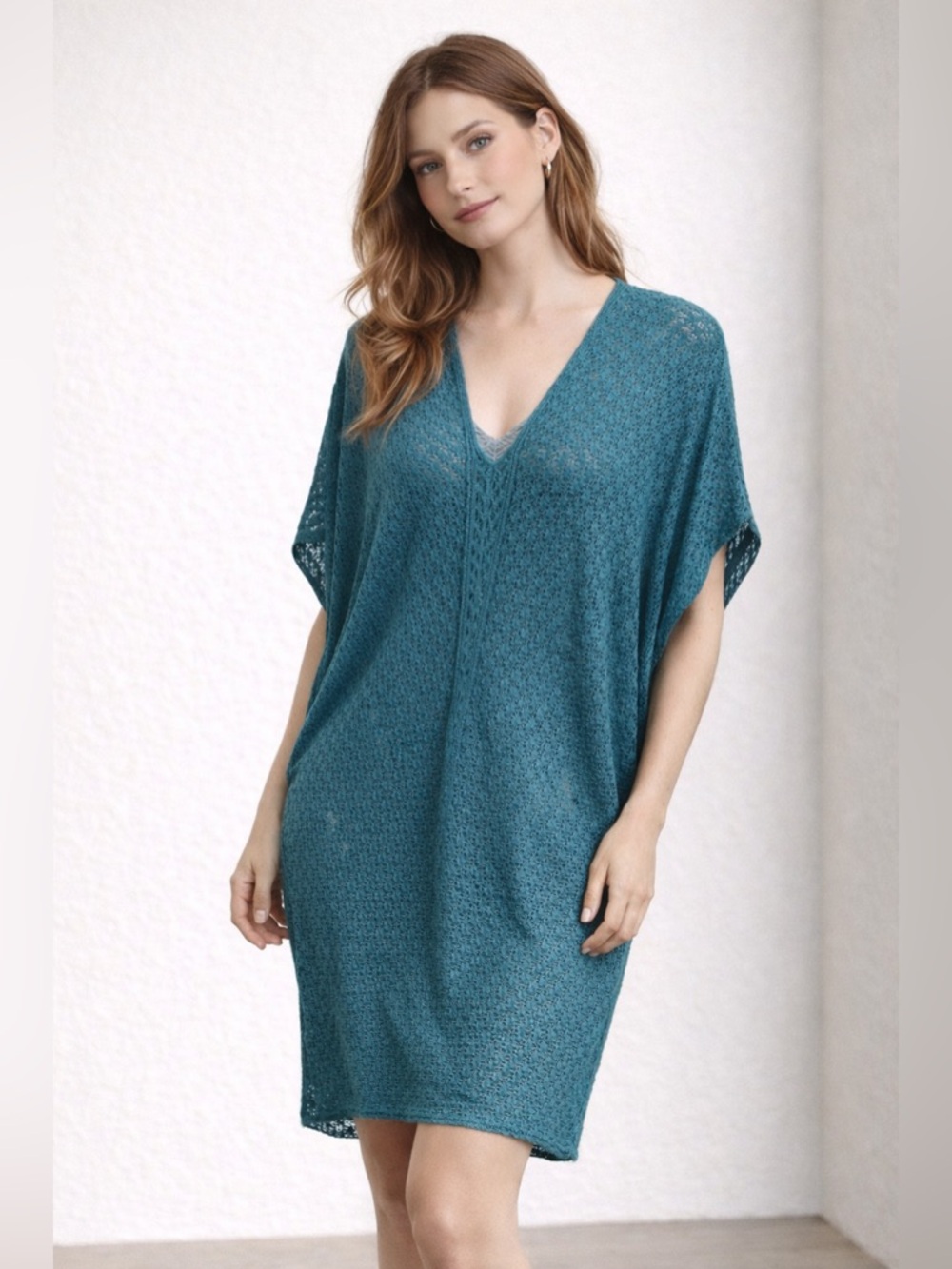 Mikael Aghal Draped Knit Dress Teal Dolman Sleeve Cocoon Tunic V Neck M